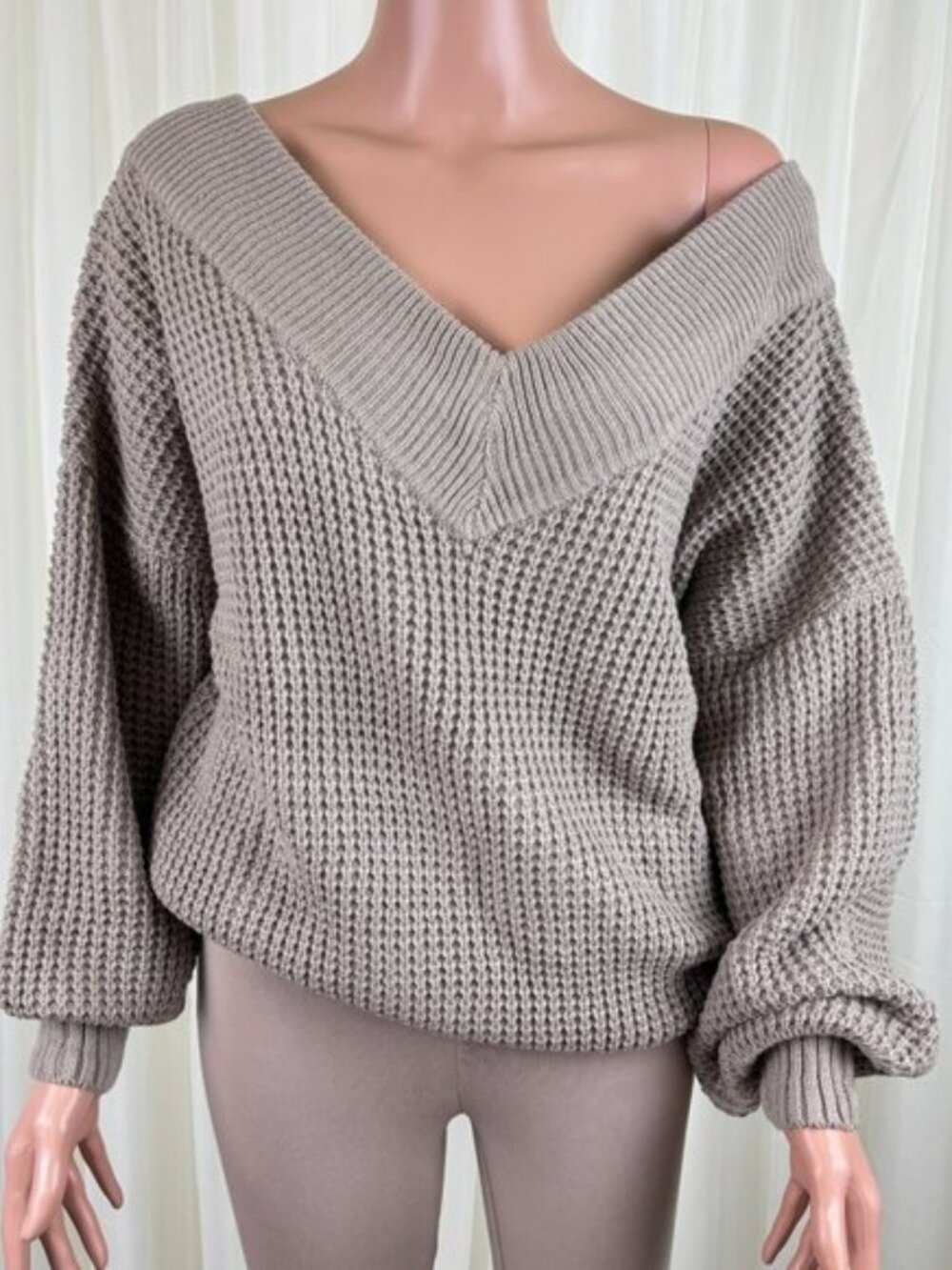 Women's Zenana V-Neck Off The Shoulder Waffle Knit Sweater Beige